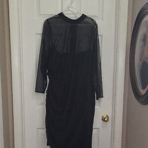 Formal Ruched Dress. Black Sheer Sleeves and Shoulders.